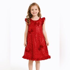 Rare Editions Girls Red Sequin Dress Size 6X Holiday Party Christmas Velvet Bows